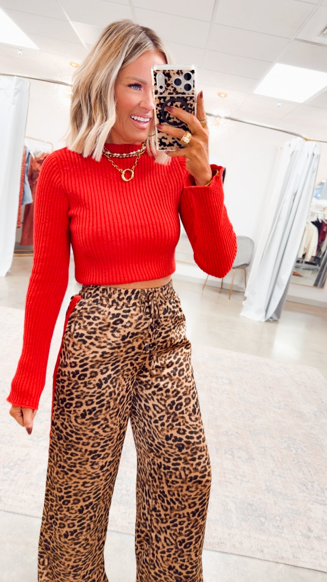 Sleek Mock Neck Ribbed Top-Red