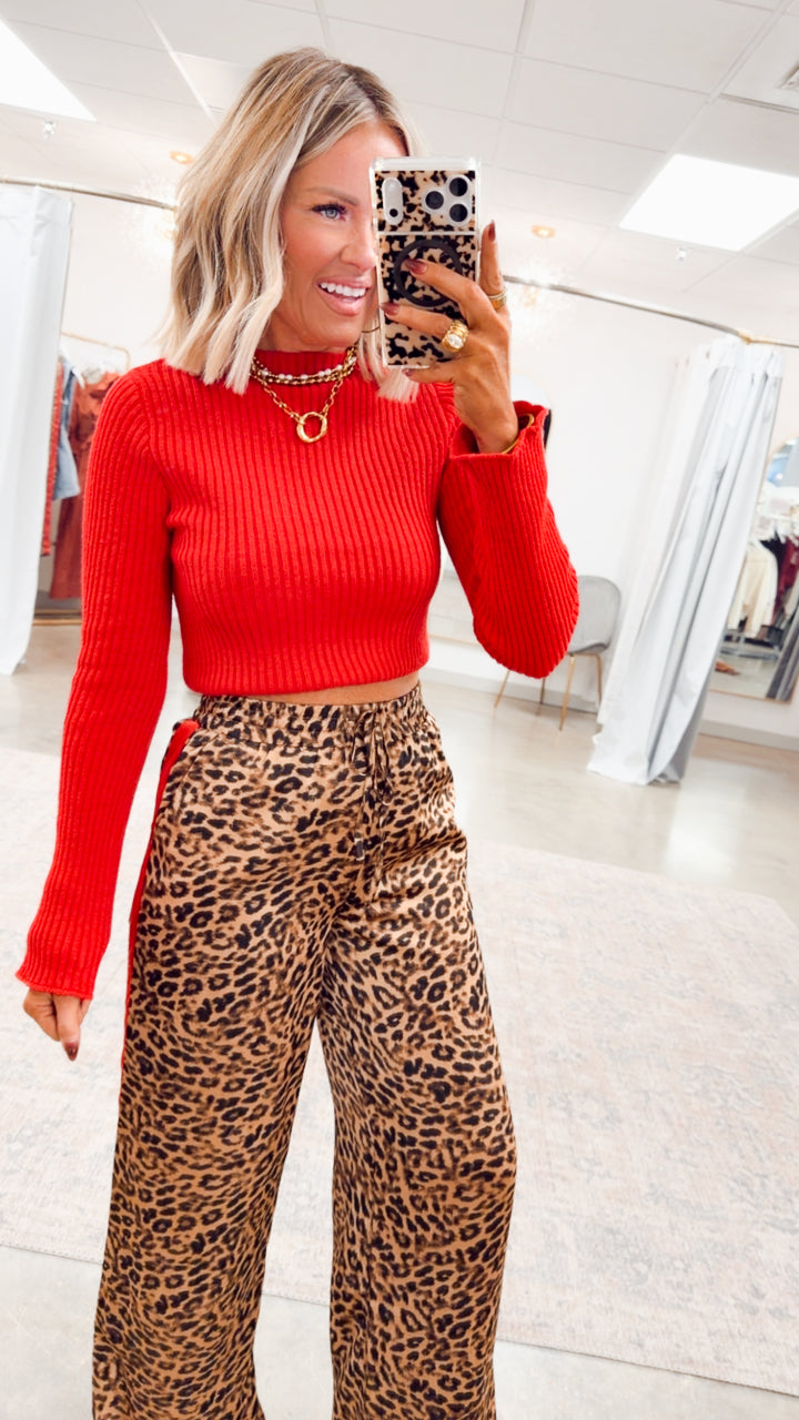 Sleek Mock Neck Ribbed Top-Red