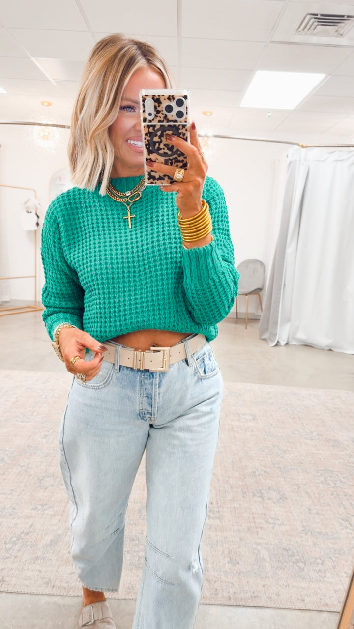 The Maren Hi-Low Waffle Knit- Green