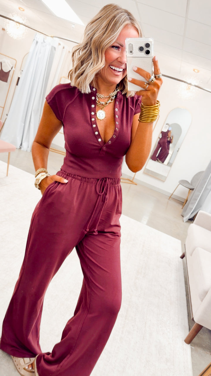 Evie Raglan Top & Pant Set-Wine