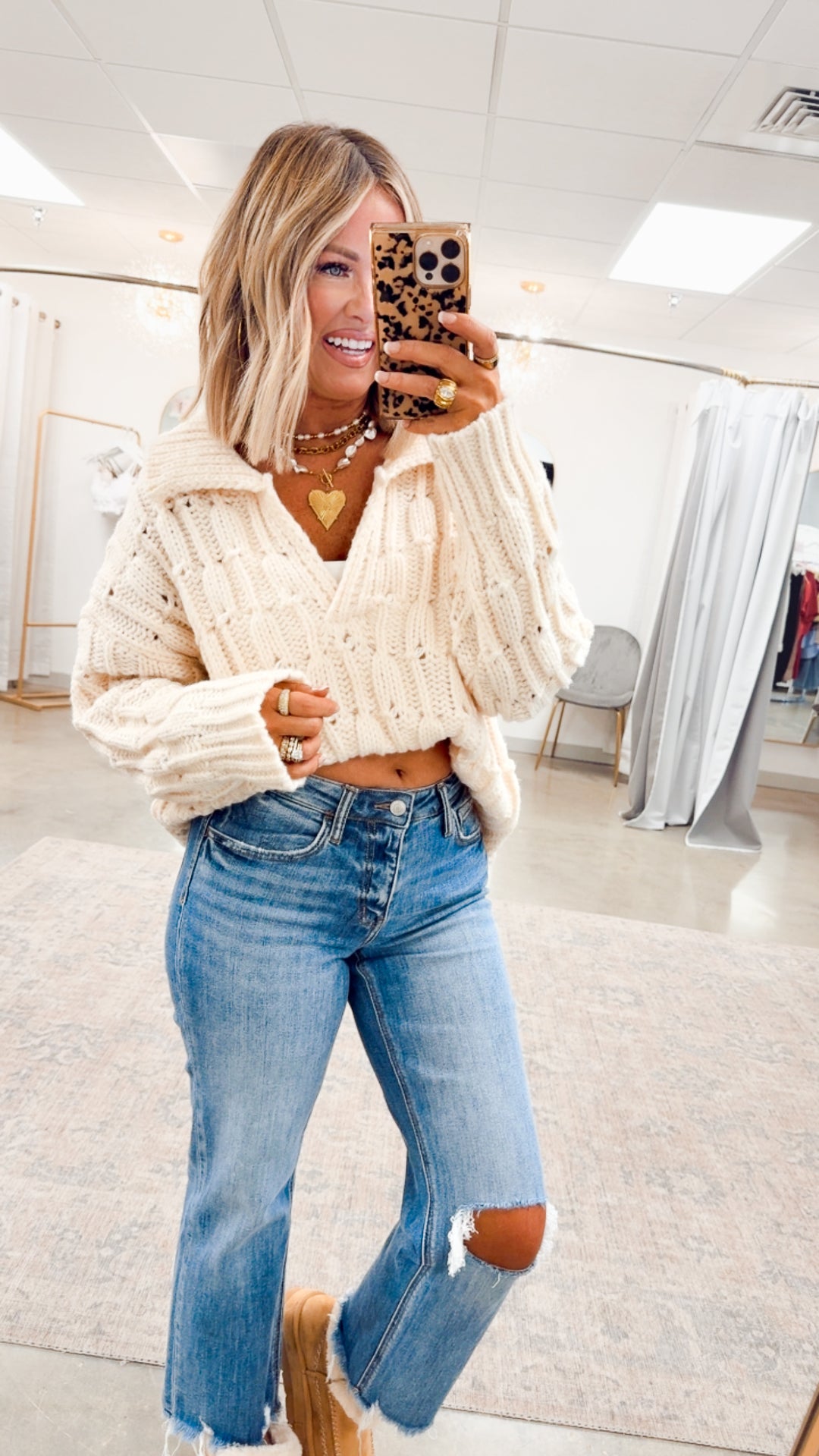 Cozy Collared Sweater Top-Cream