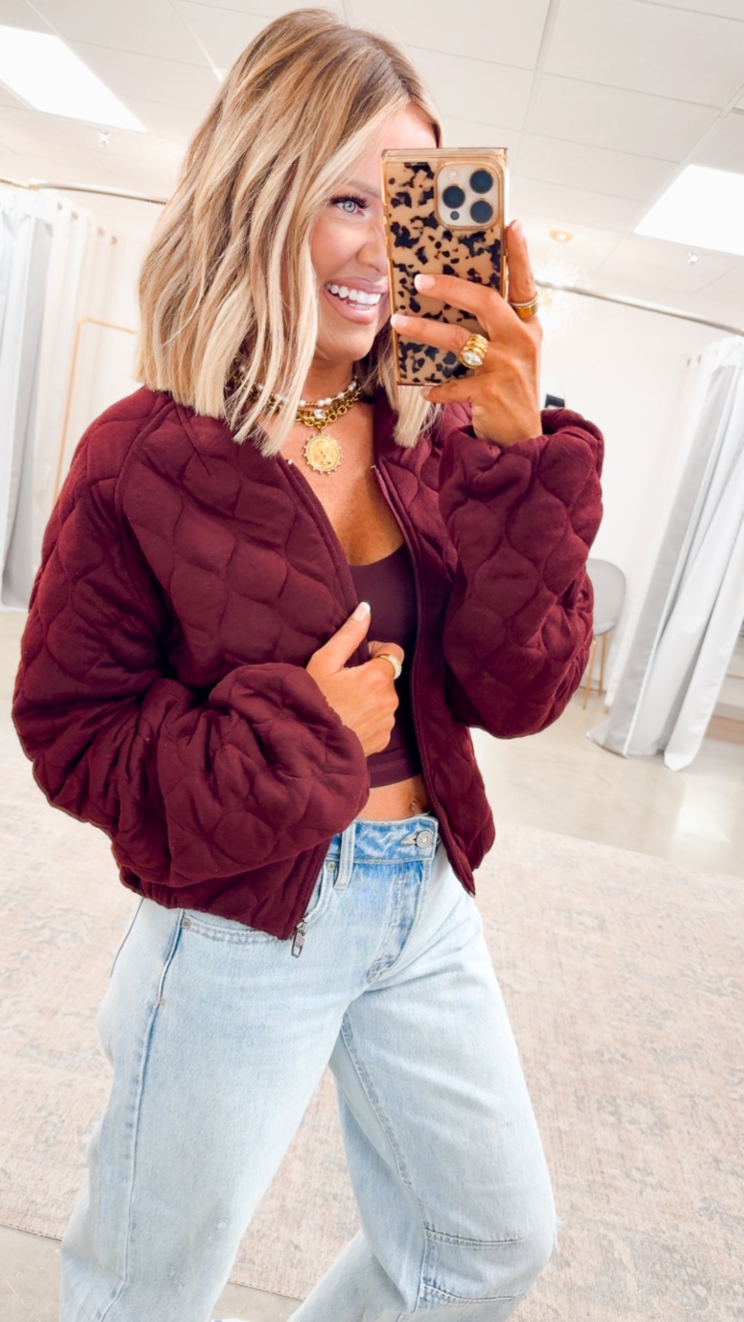 Naomi Quilted Bomber Jacket-Dark Cherry