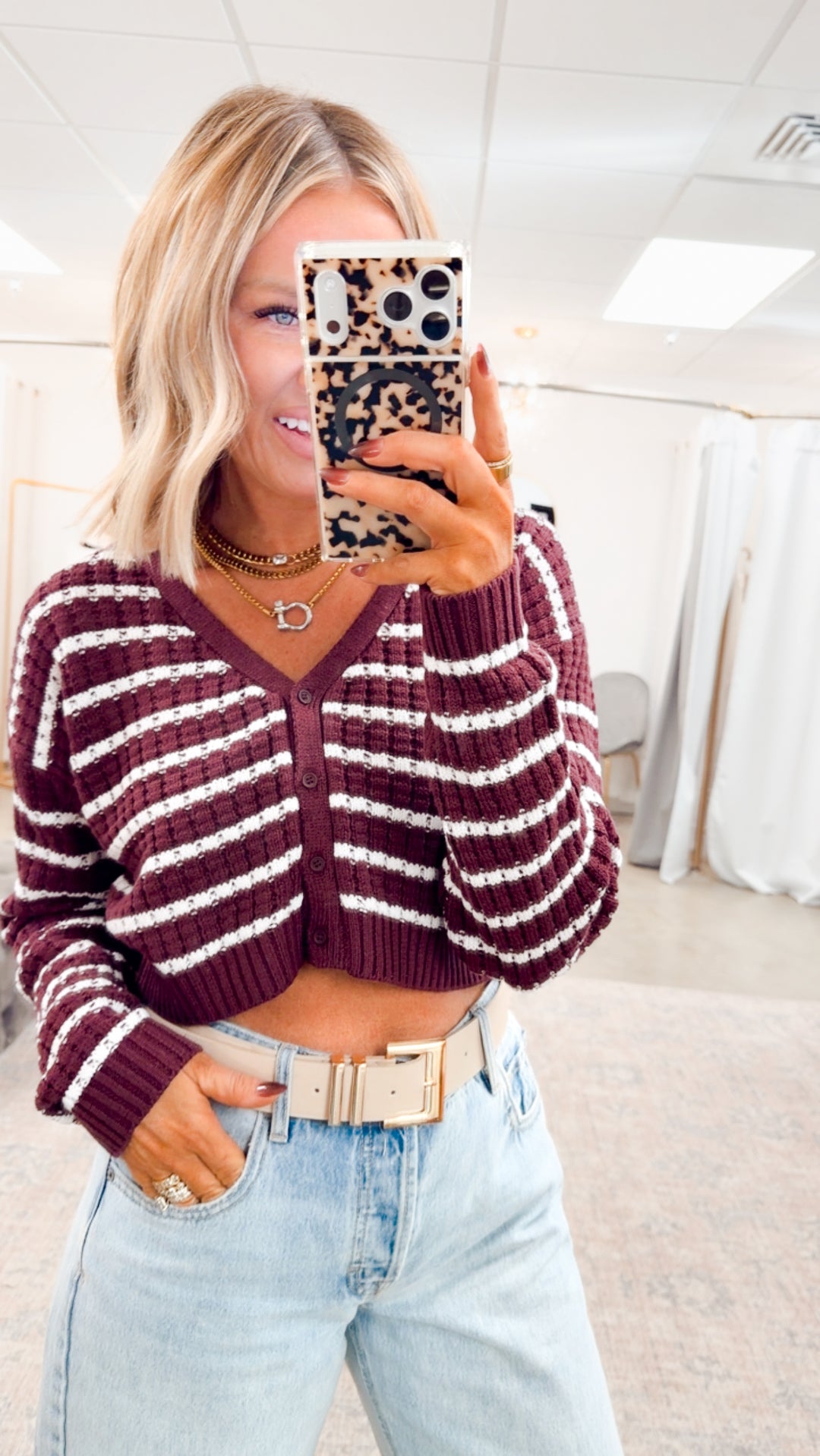 Harbor Striped Cardigan Top-Cherry/White