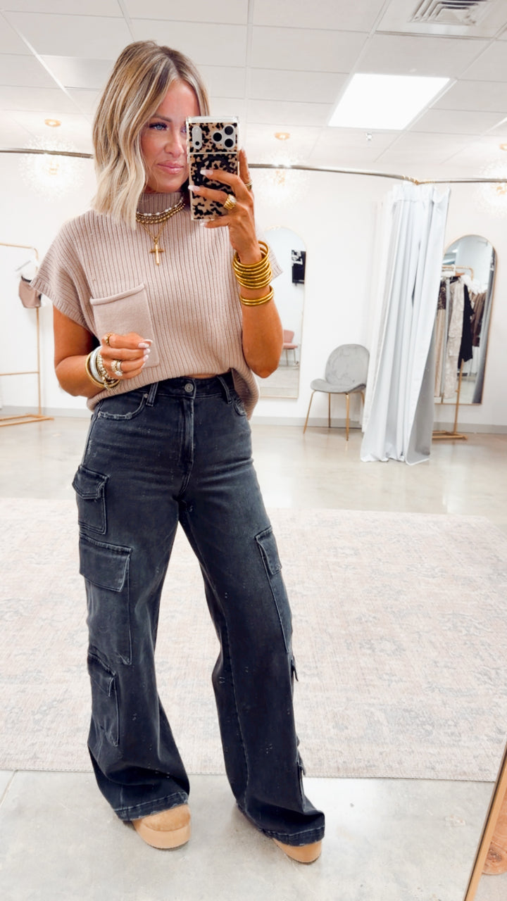 Dani Ribbed Short Sleeve Sweater-Taupe