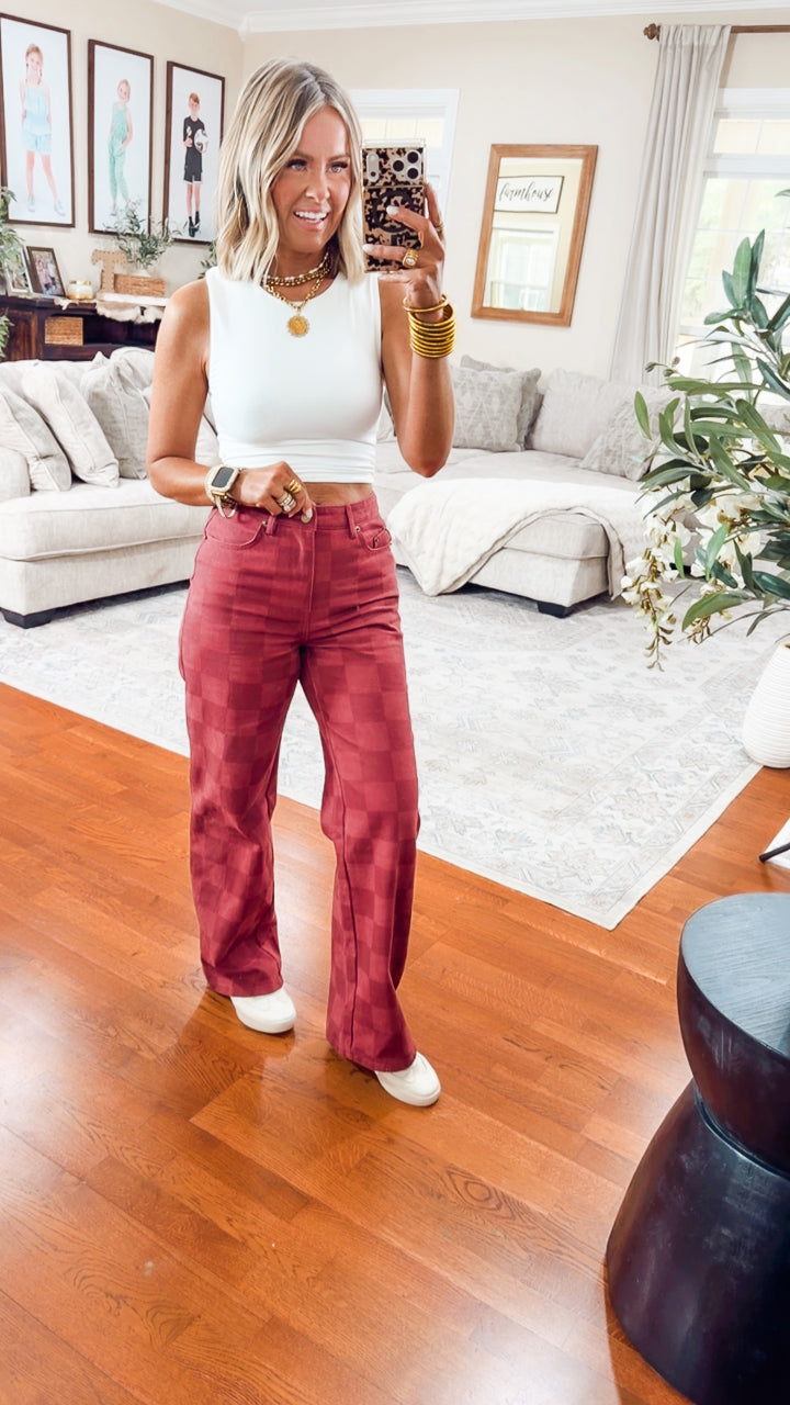 The Checkmate Cutie Jeans-Burgundy