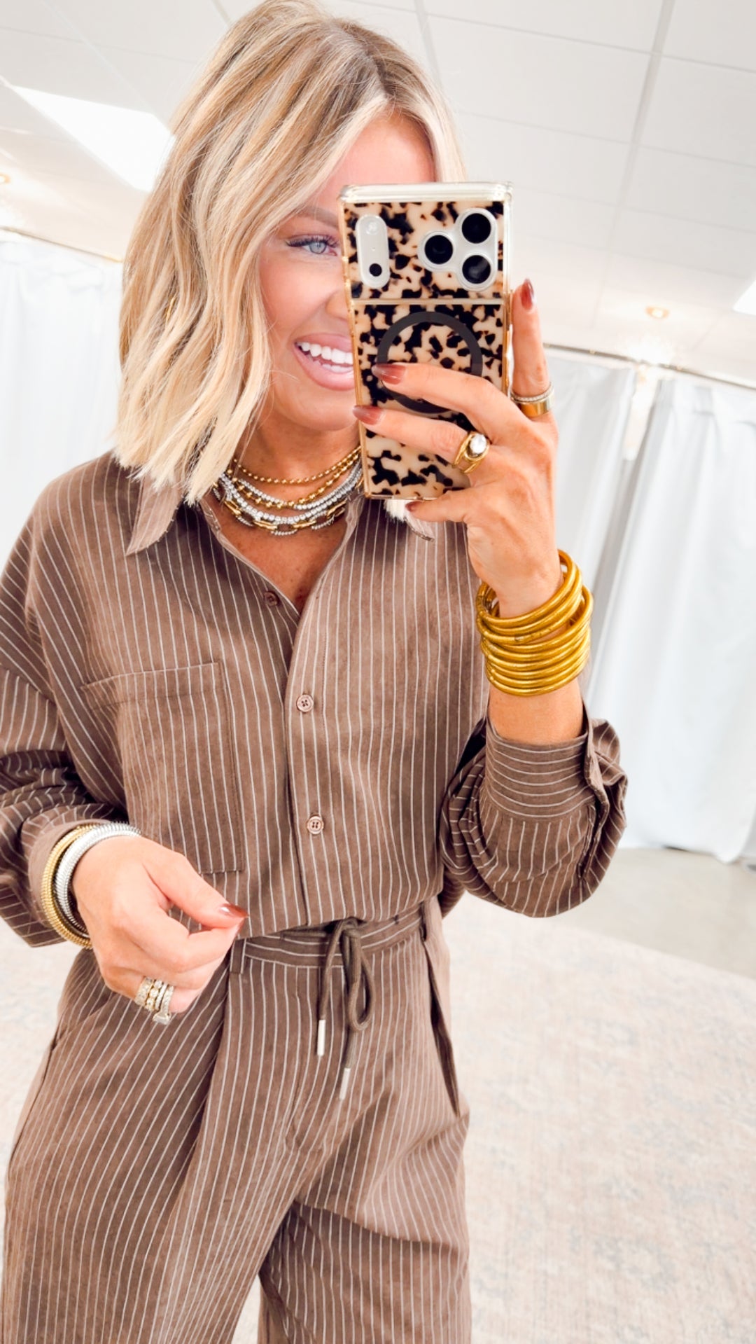 Lexi Pinstripe Top & Pants Set-Brown