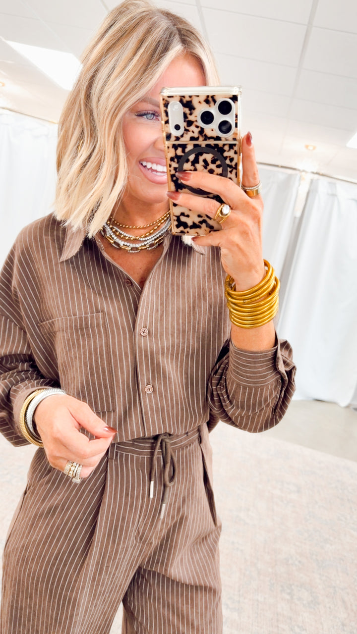 Lexi Pinstripe Top & Pants Set-Brown