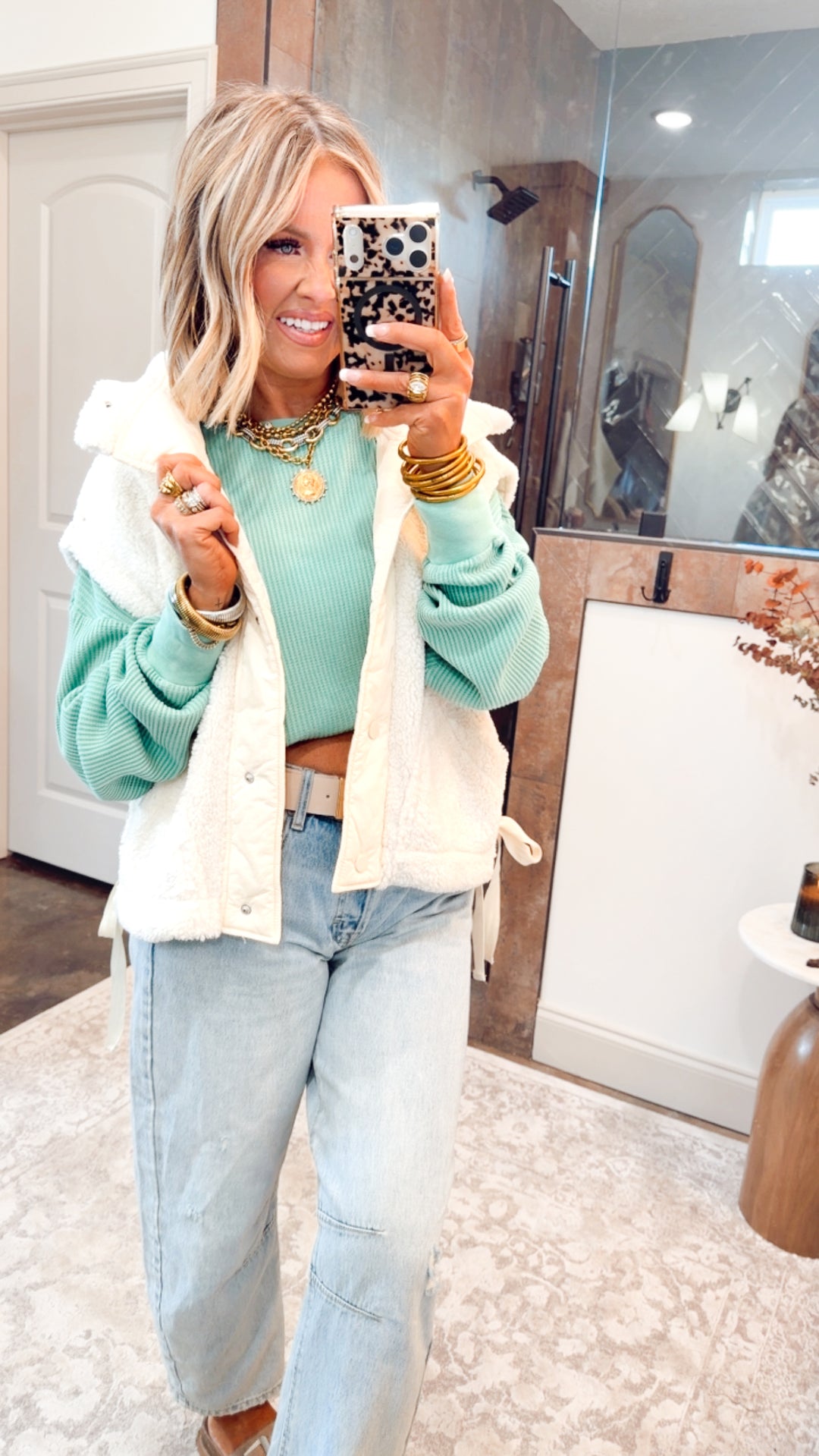 Mineral Washed Waffle Long Sleeve Top-Emerald