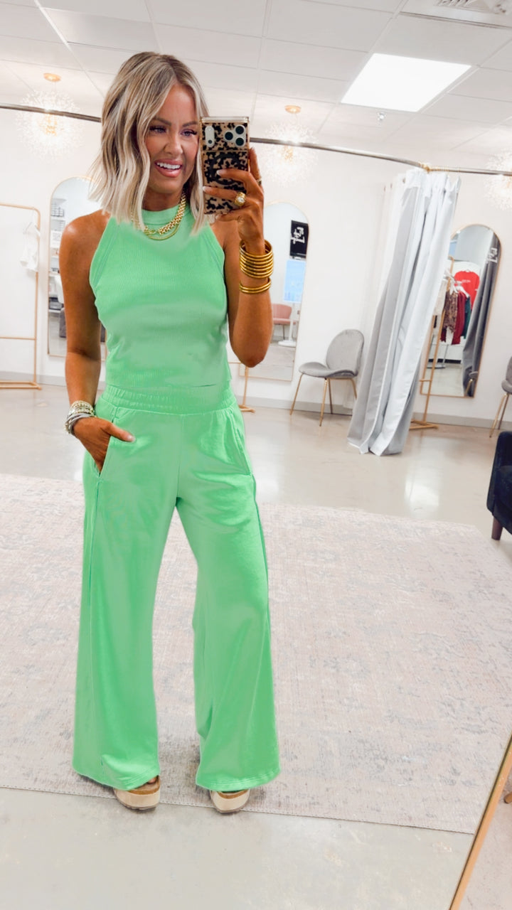 Harlow Halter Neck Crop Top & Pants Set-Lime