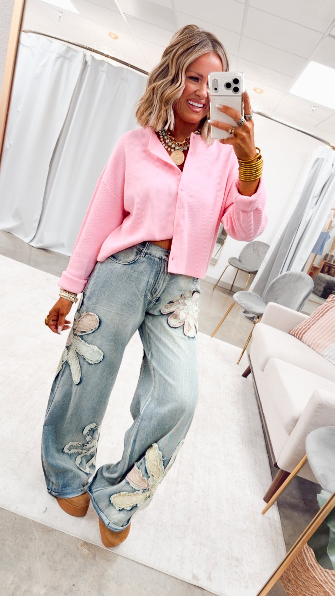 Waffle Daze Cardigan Top-Pink
