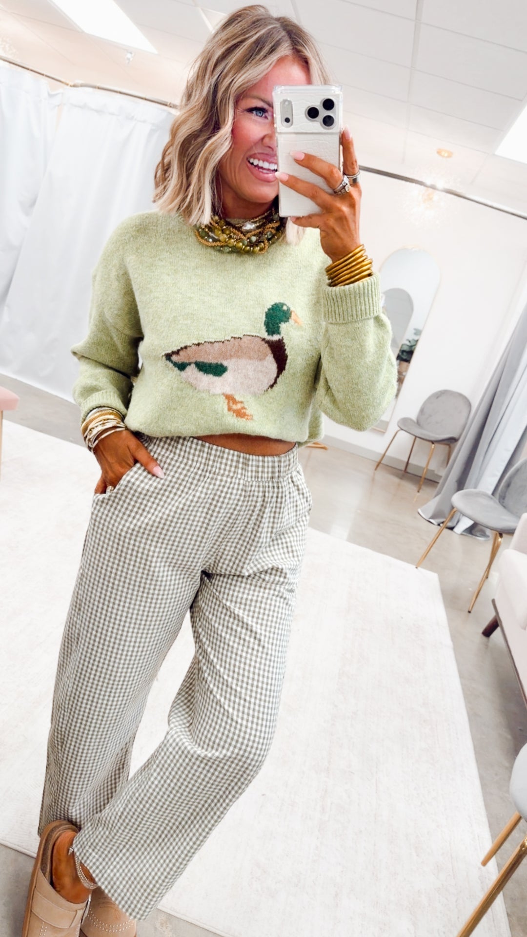 The Gingham Grove Pants-Olive/White