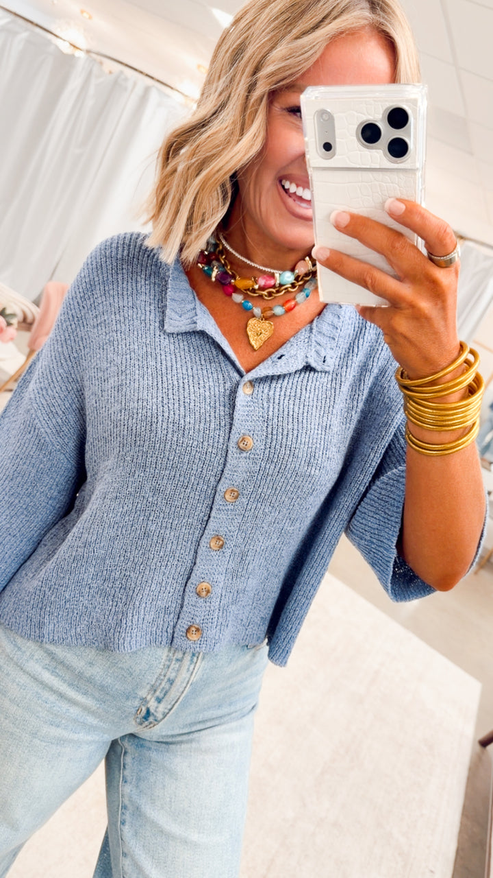 The Brandi Button Down Cardigan-Dusty Blue
