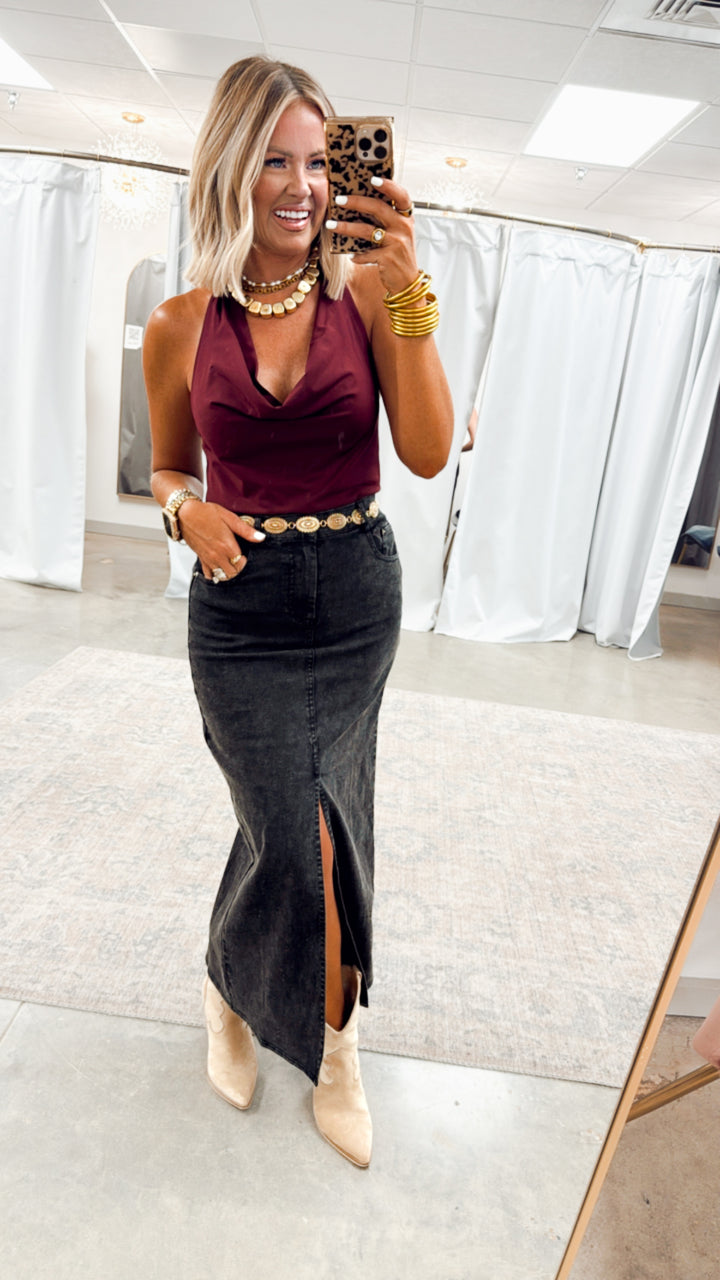 Cowl Neck Ruched Halter Top-Maroon