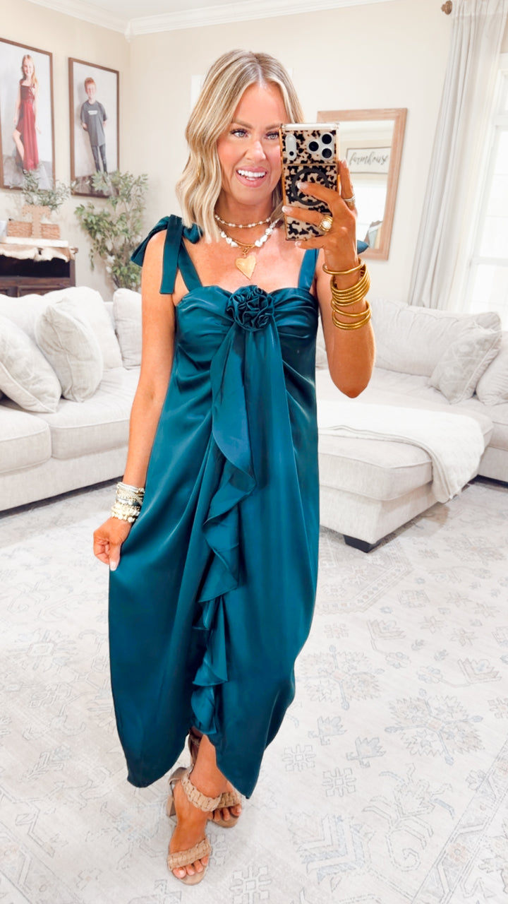 Amara Cascading Ruffle Dress-Teal Green