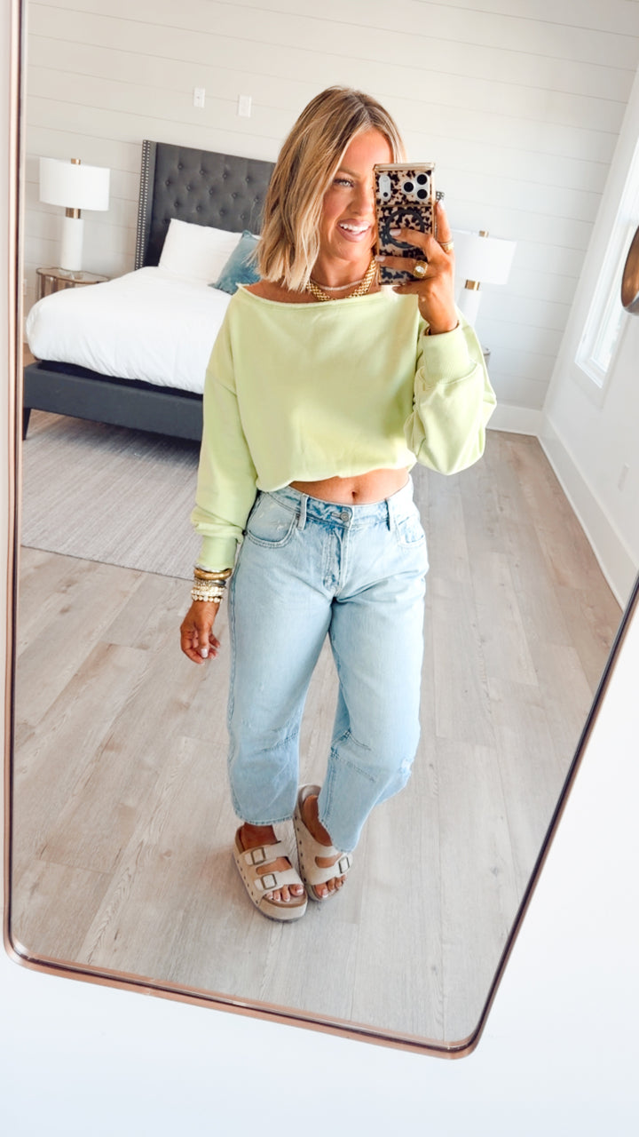 Alina Off Shoulder Sweatshirt-Lime