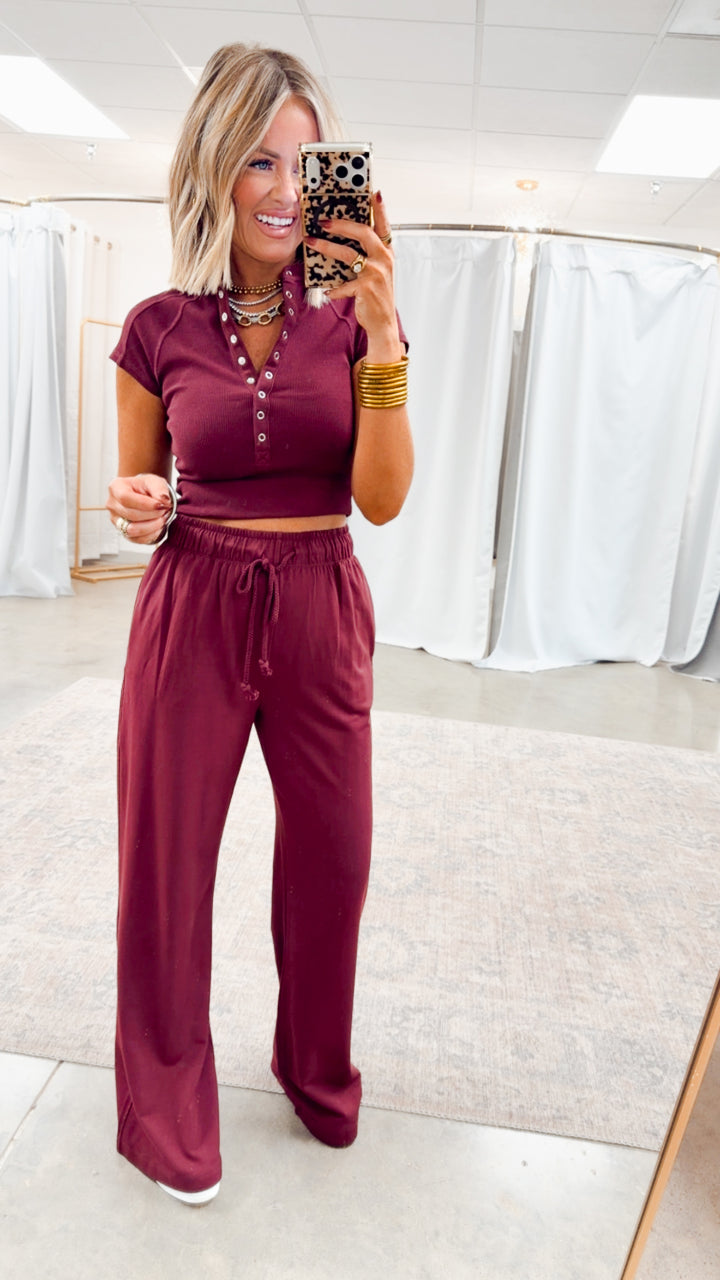 Evie Raglan Top & Pant Set-Wine