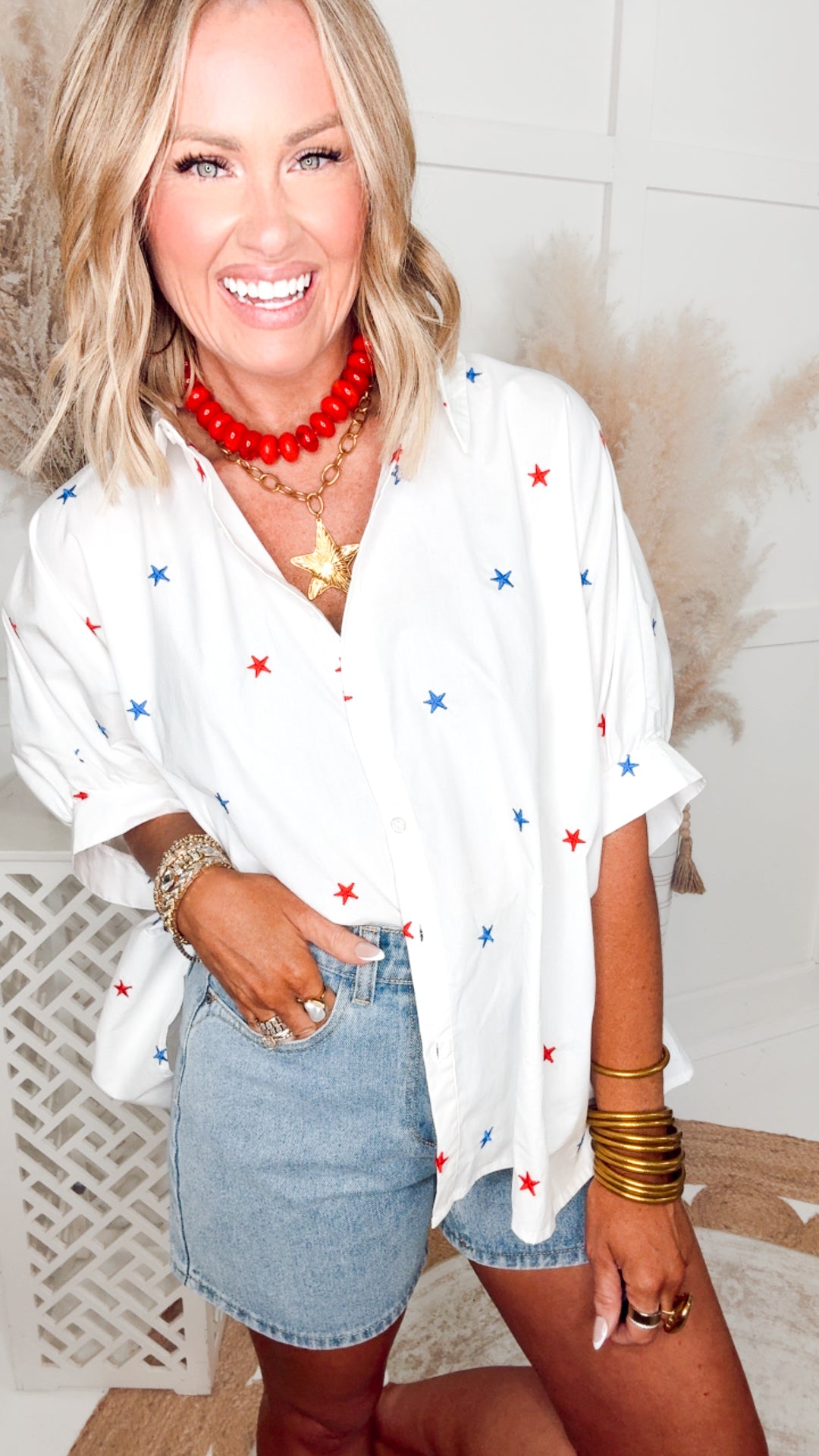 Embroidered Star Oversized Top-Red/White/Blue