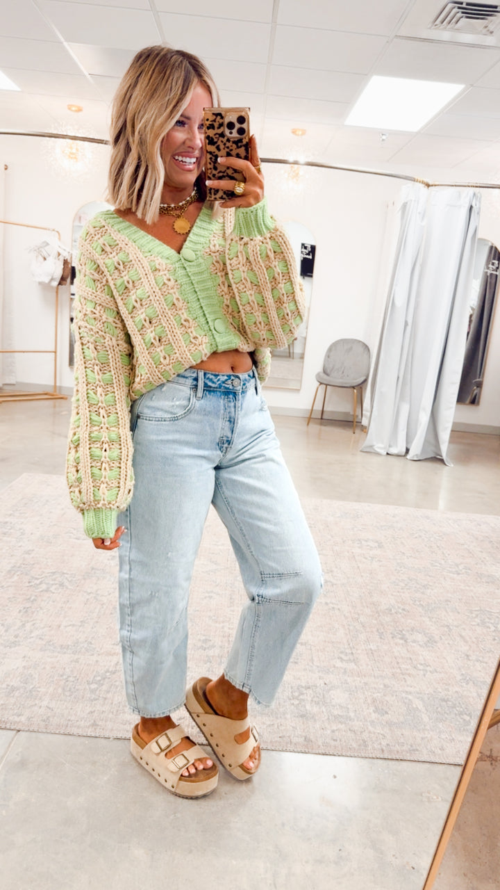 Chunky Lattice Cardigan-Green/Taupe