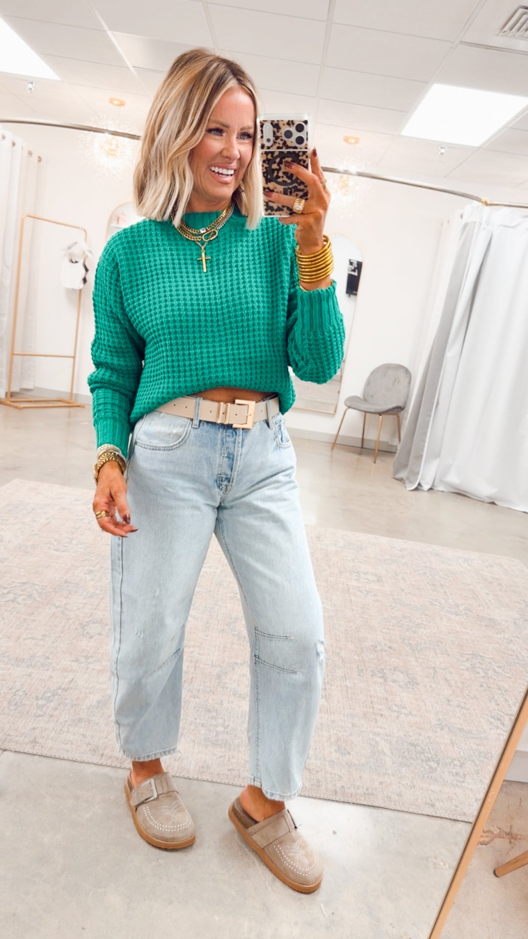 The Maren Hi-Low Waffle Knit- Green