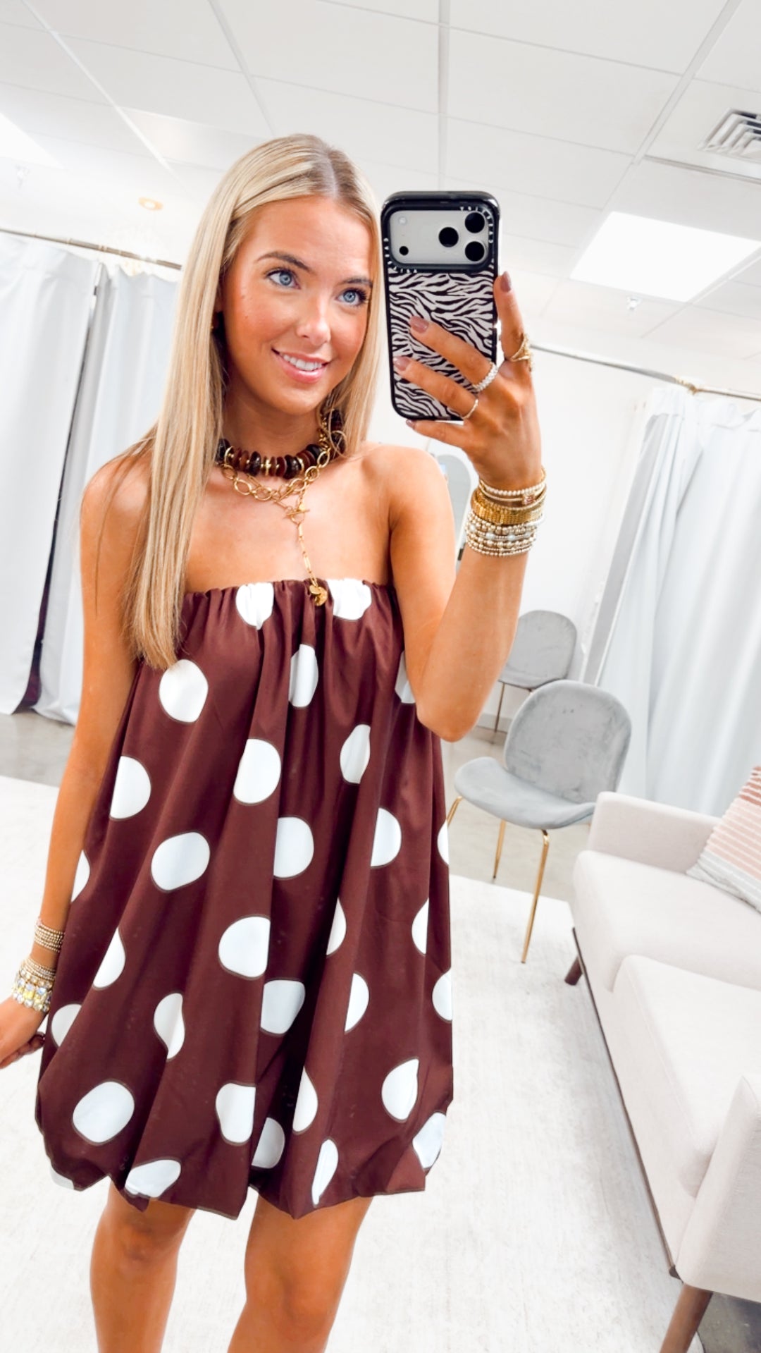 Darling Polka Dot Bubble Hem Dress-Brown/Ivory