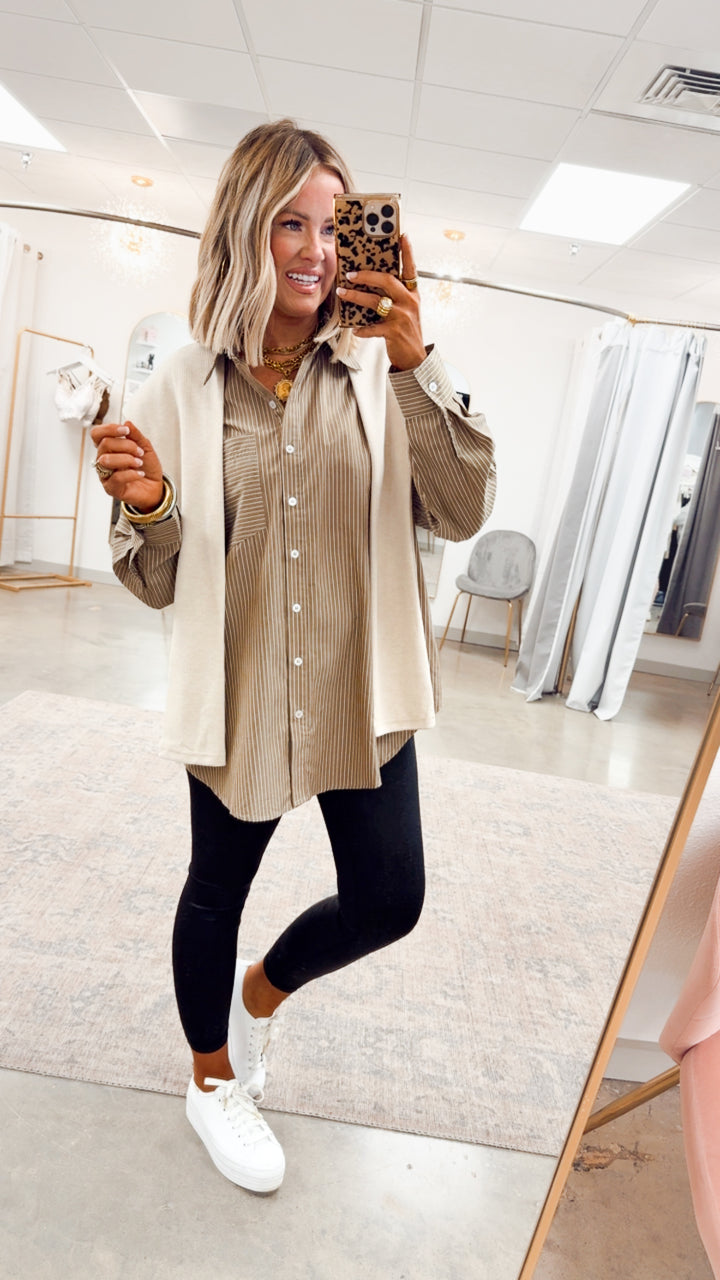 Evelyn Striped Top-Ash Olive