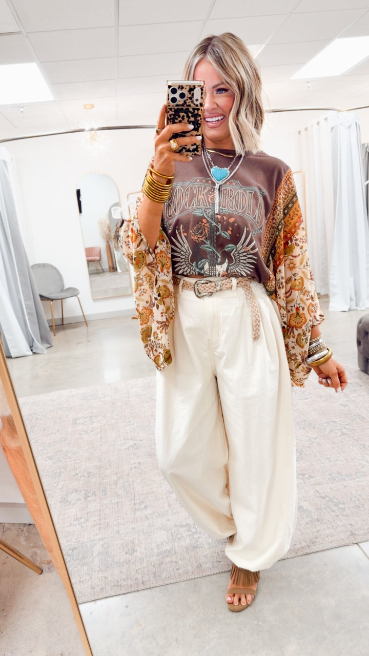 Rock N Roll Graphic Kantha Top-Brown