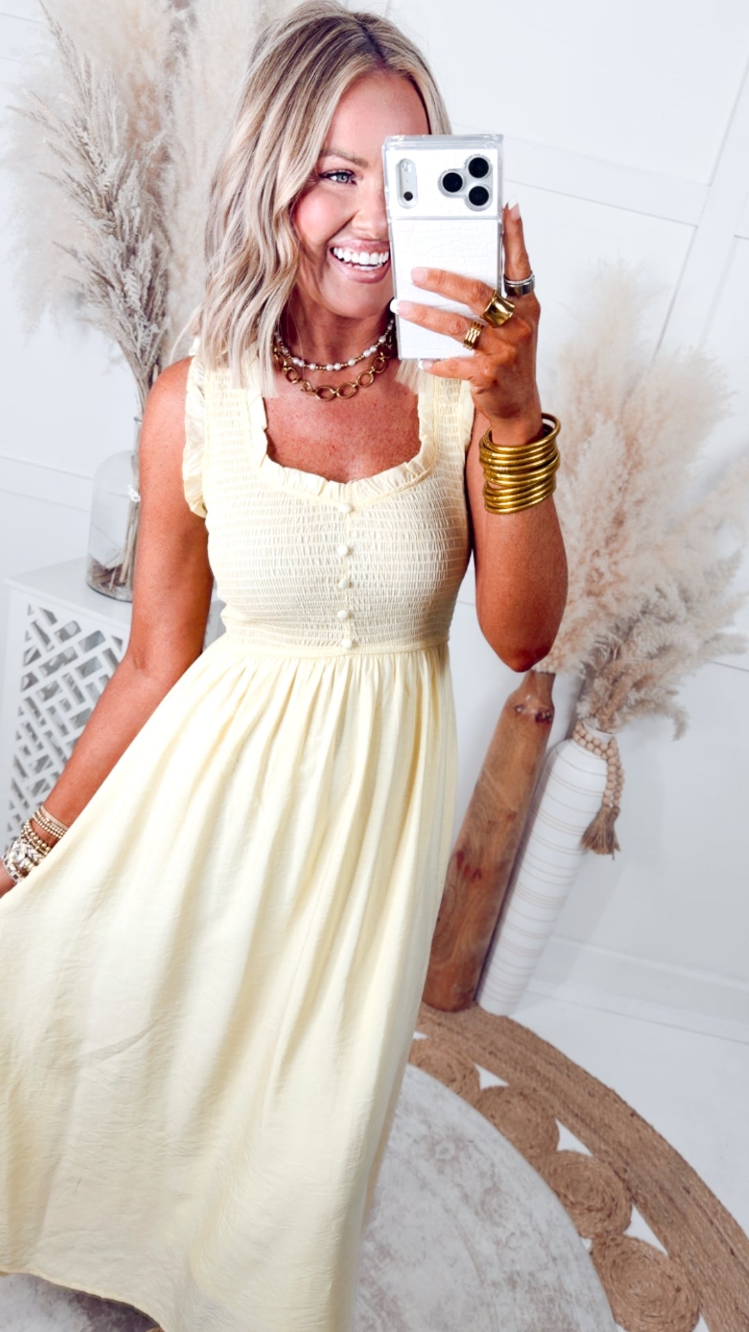 The Sweetheart Smocked Midi Dress-Yellow