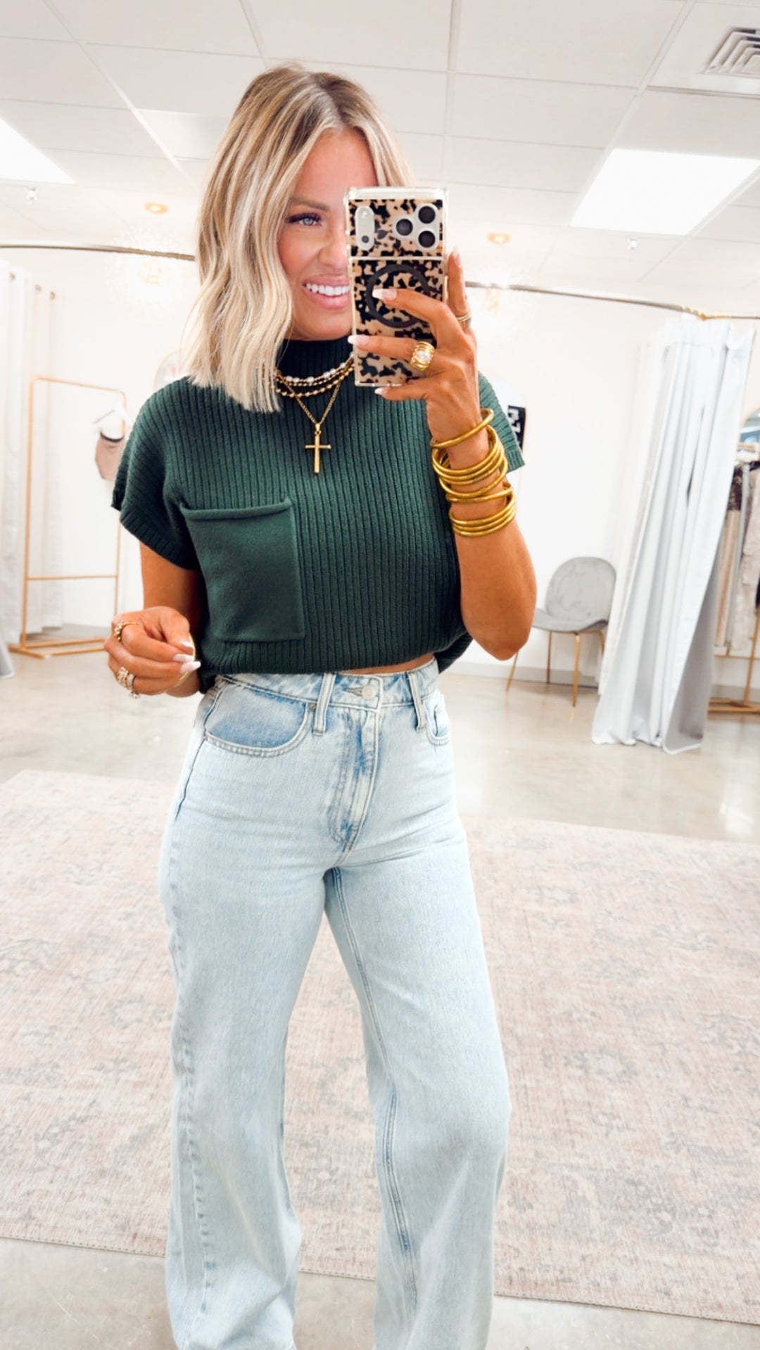 Dani Ribbed Short Sleeve Sweater-Green