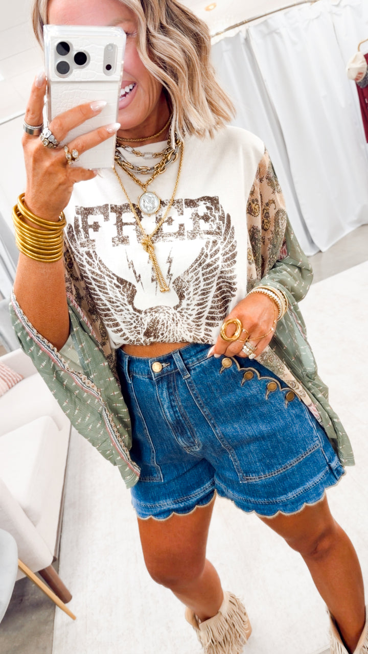 Free Bird Vintage Kaftan Top-White/Green