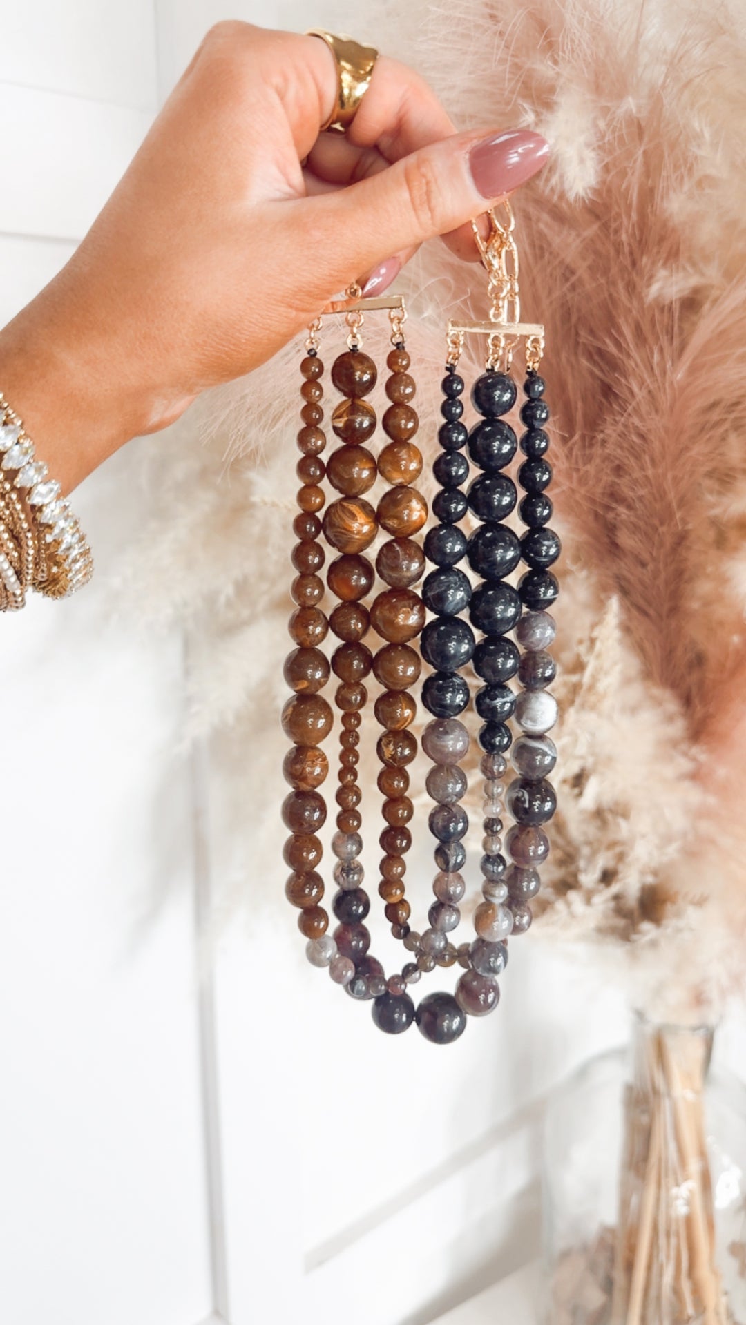 Multi Strand Marbled Beaded Necklace-Brown