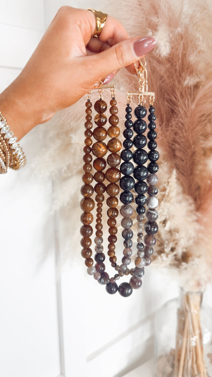 Multi Strand Marbled Beaded Necklace-Brown