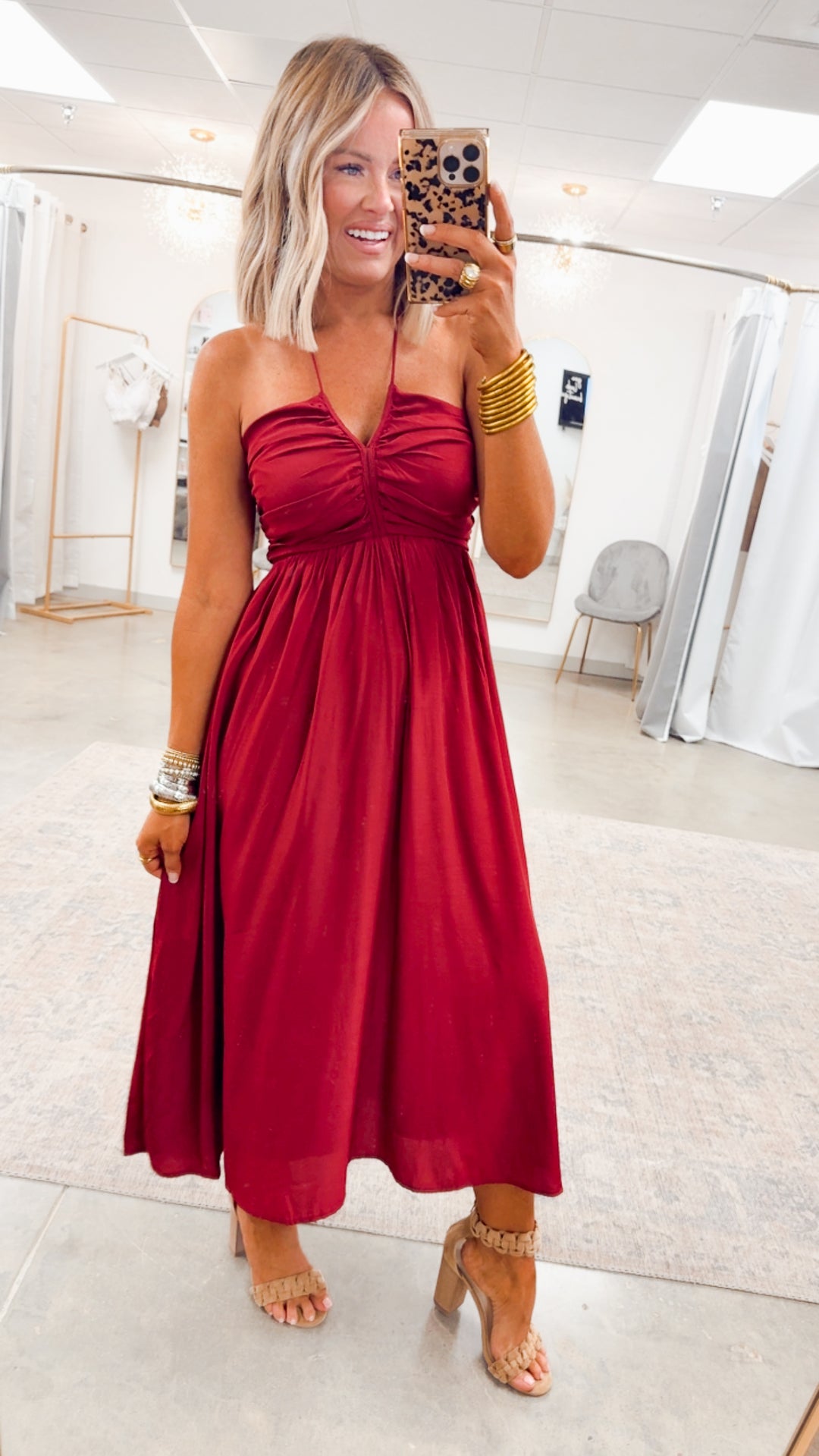 Anastasia Smocked Back Midi Dress-Wine