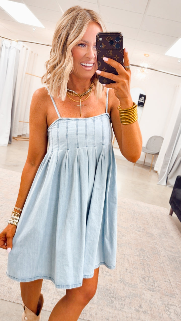 Teagan Pleated Mini Dress-Light Denim
