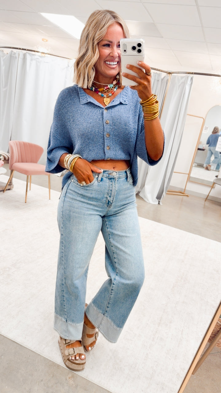 The Brandi Button Down Cardigan-Dusty Blue