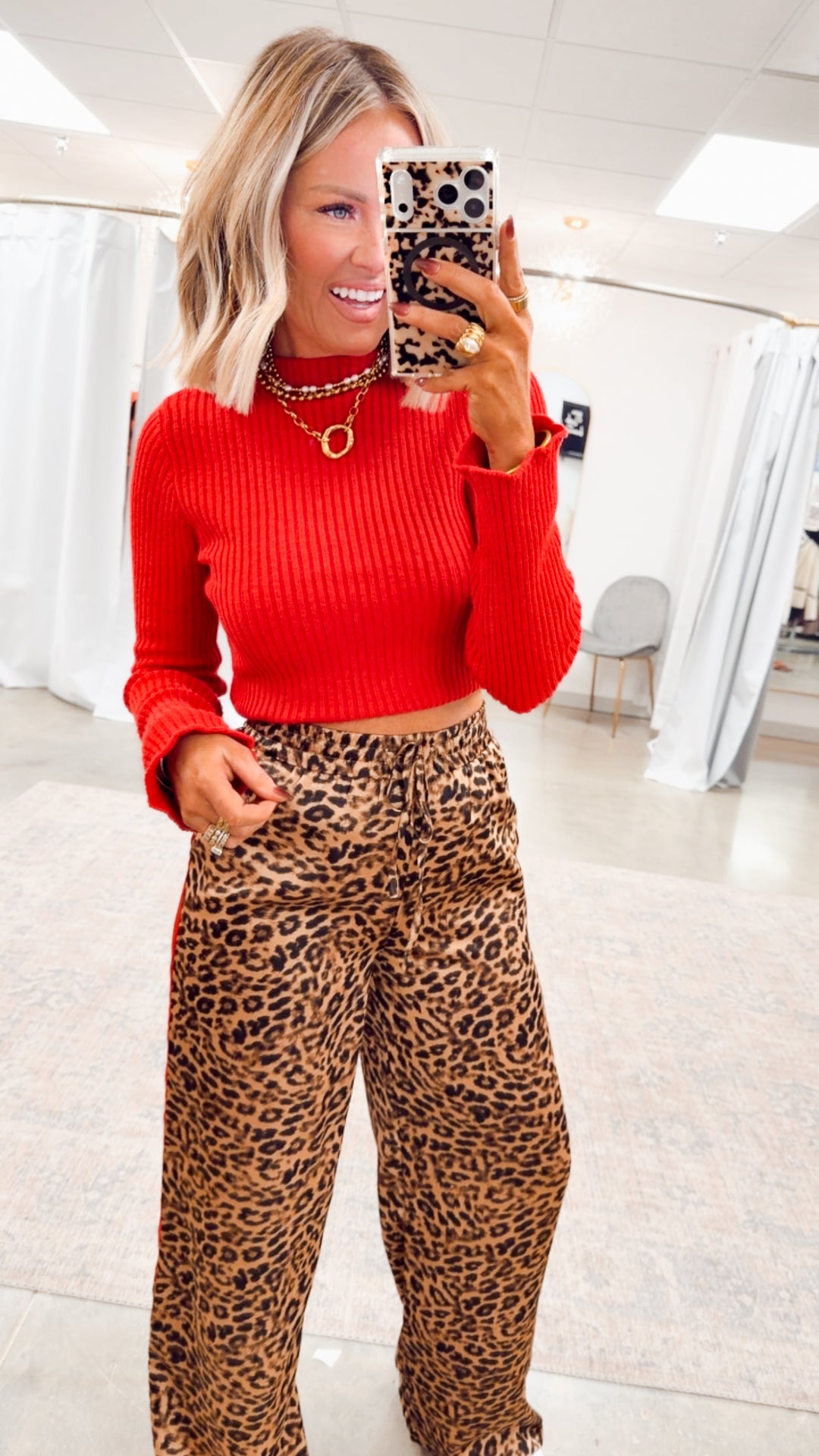 Sleek Mock Neck Ribbed Top-Red