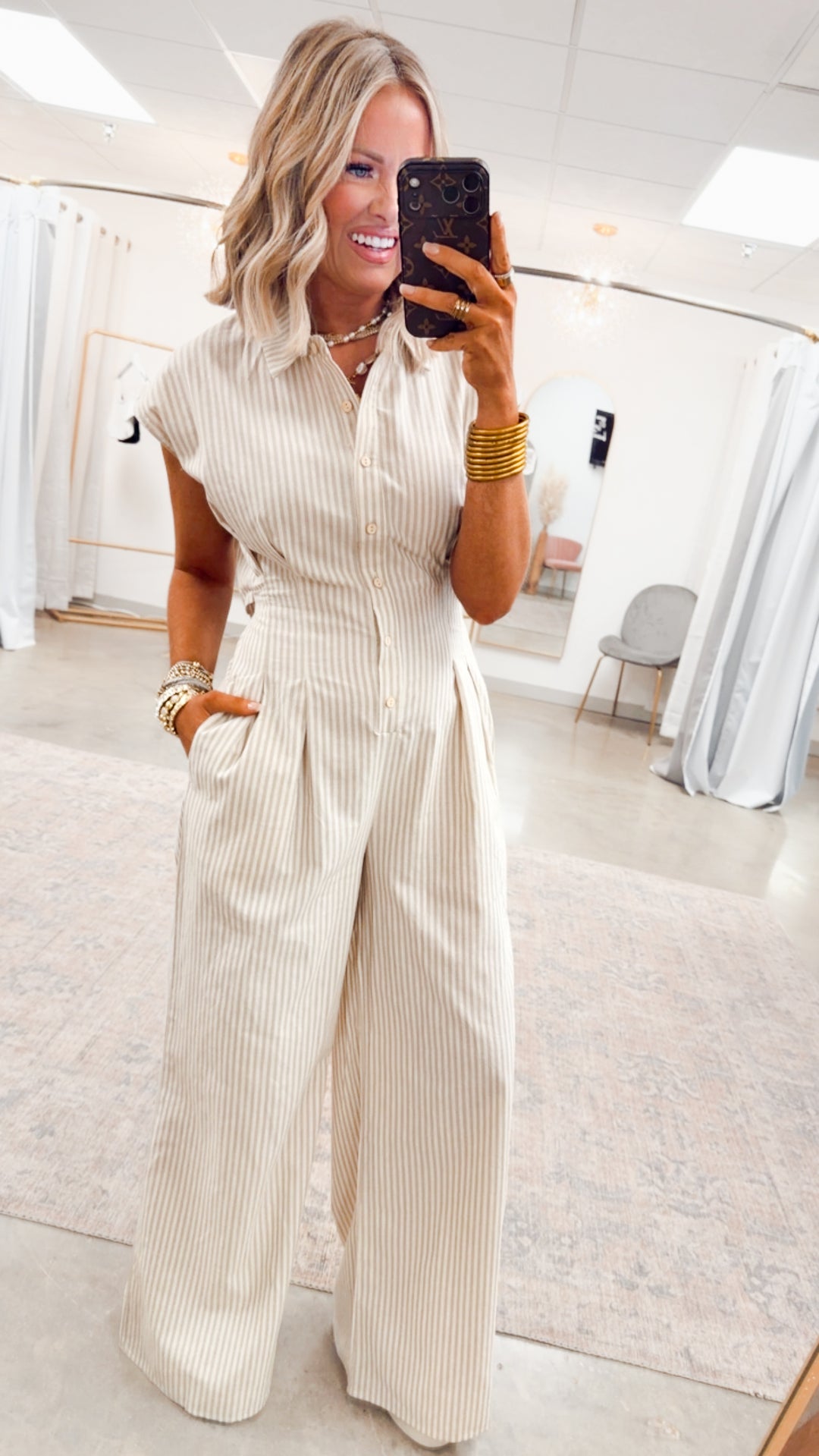 The Boardwalk Stripe Jumpsuit-Taupe