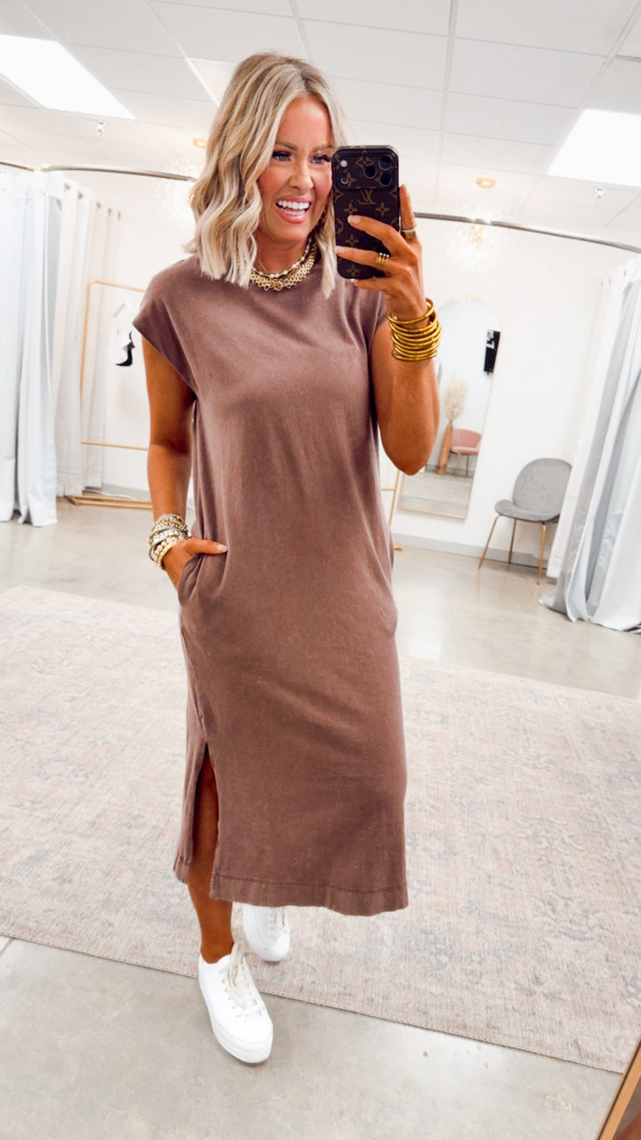 Mineral Washed Cap Sleeve Midi Dress-Chocolate