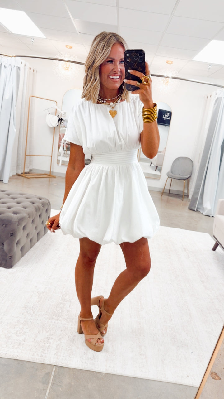 Indie Bubble Hem Mini Dress-White