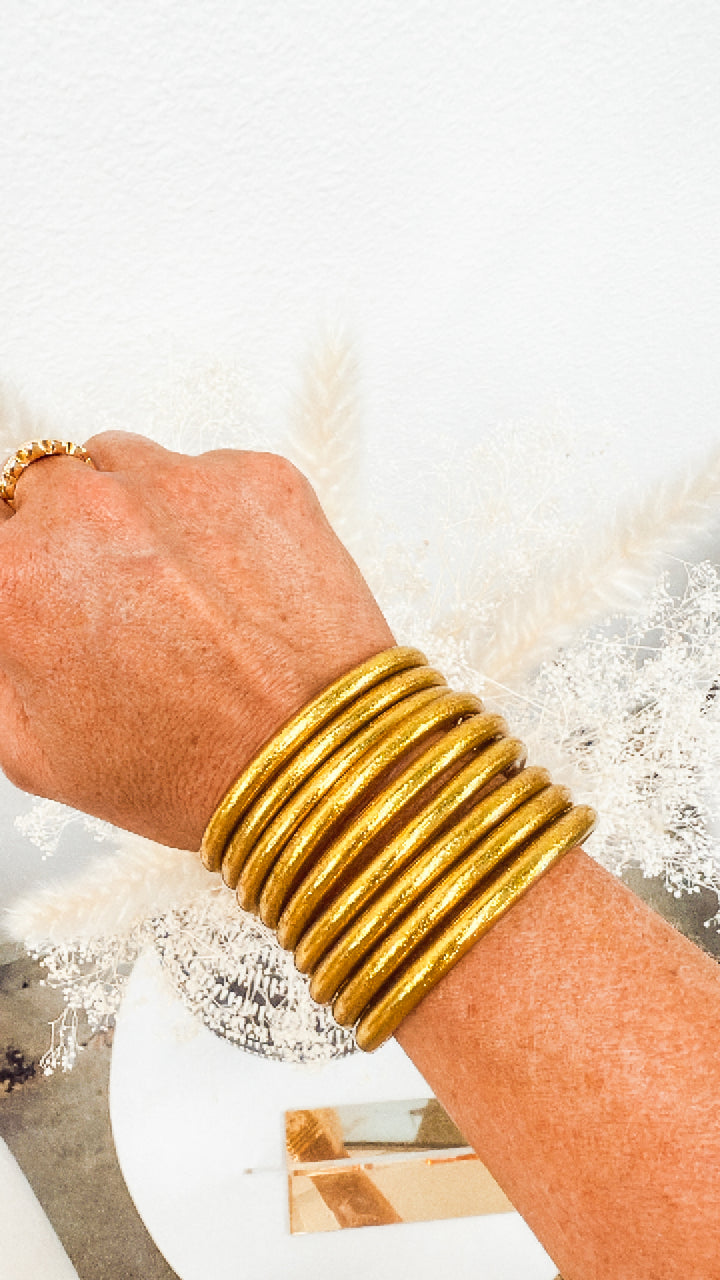 BudhaGirl Gold All Weather Bangles (Set of 9) - Serenity Prayer