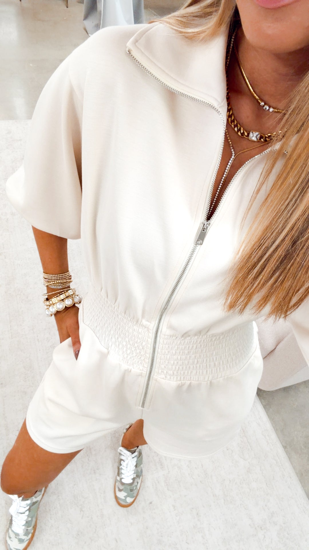Tabby Smocked Waist Romper-Ecru