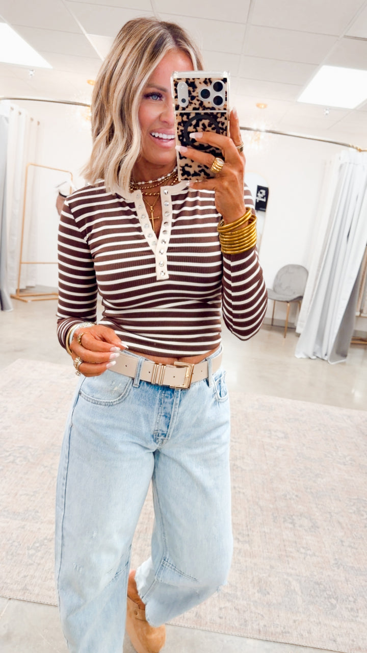 Henley Snap Button Top-Chocolate