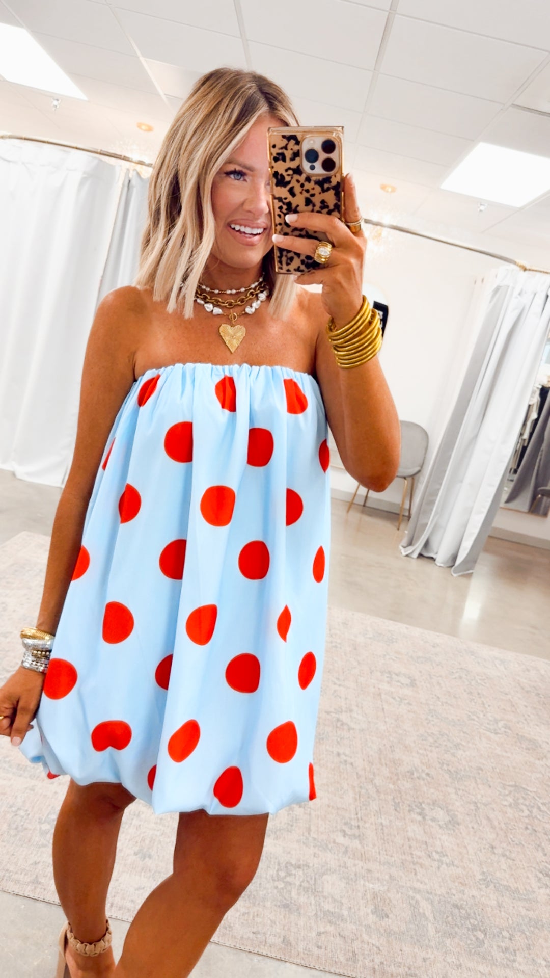 Darling Polka Dot Bubble Hem Dress-Blue/Red