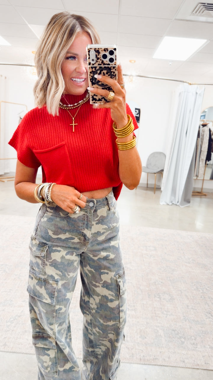 Dani Ribbed Short Sleeve Sweater-Red