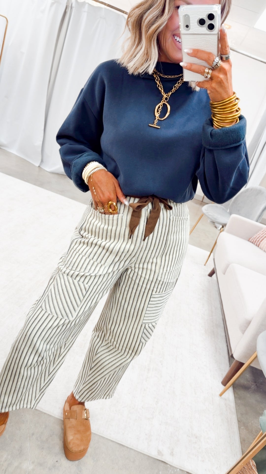 The Brighton Stripe Pants-Oatmeal/Navy