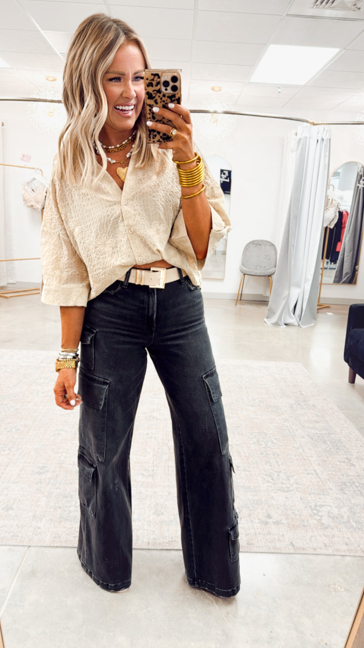 Embroidered Tabbed Sleeve Top