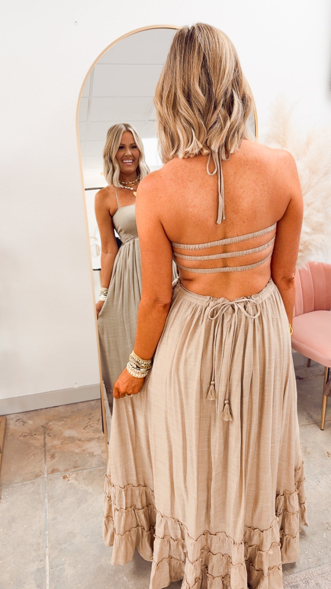 Smocked Halter Maxi Taupe / Large