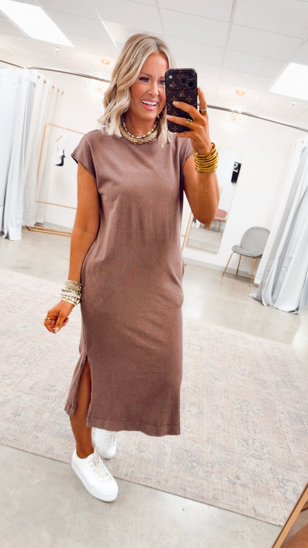 Mineral Washed Cap Sleeve Midi Dress-Chocolate