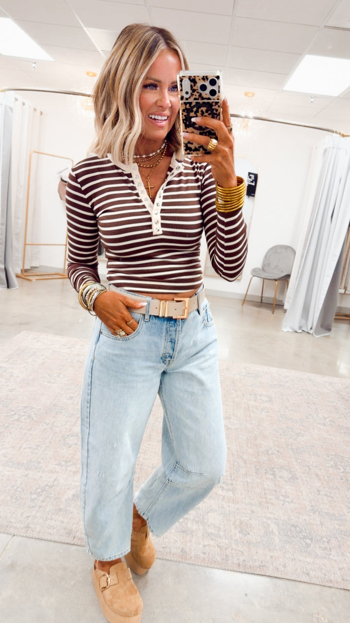 Henley Snap Button Top-Chocolate