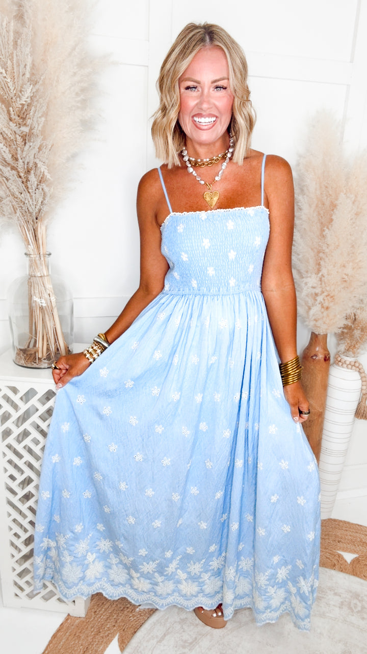 The Aurora Smocked Maxi Dress-Blue