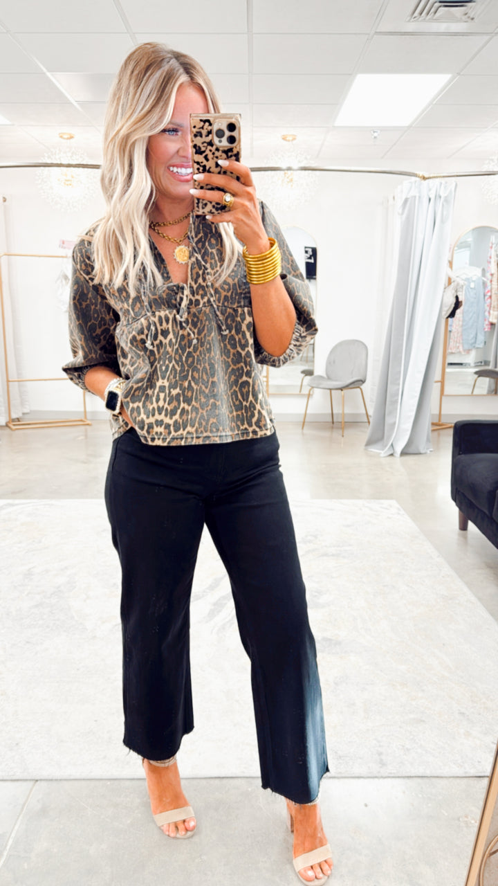 Bow Detail Leopard Denim Top